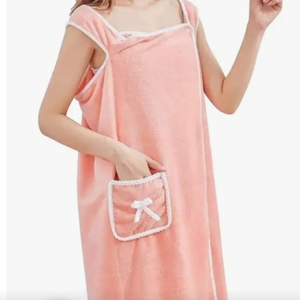 Wearable Towel Pink Towel Dress with Pocket Bow Design Coral Slim Fit